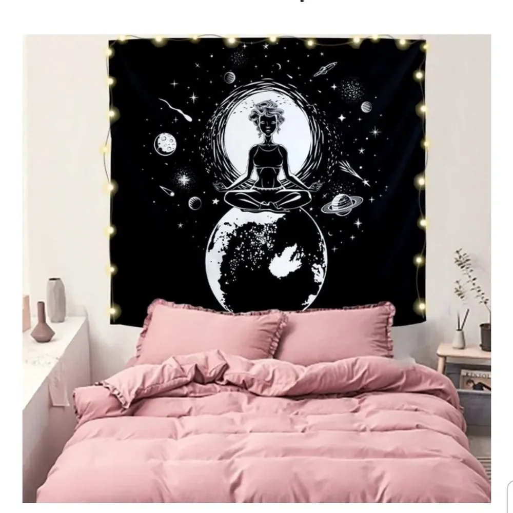 Moon & Stars Meditation Black & White Tapestry New Woman Sitting on top of World